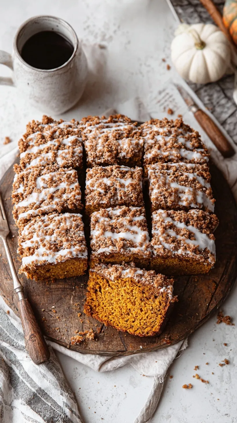 A slice of pumpkin coffee cake with a thick layer of cinnamon streusel on a white plate