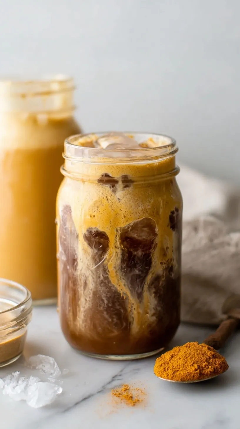 A tall glass of cold brew coffee topped with a thick layer of orange pumpkin cream foam and a sprinkle of spice.