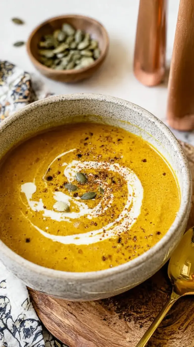 A bowl of creamy orange pumpkin curry soup garnished with fresh cilantro and lime
