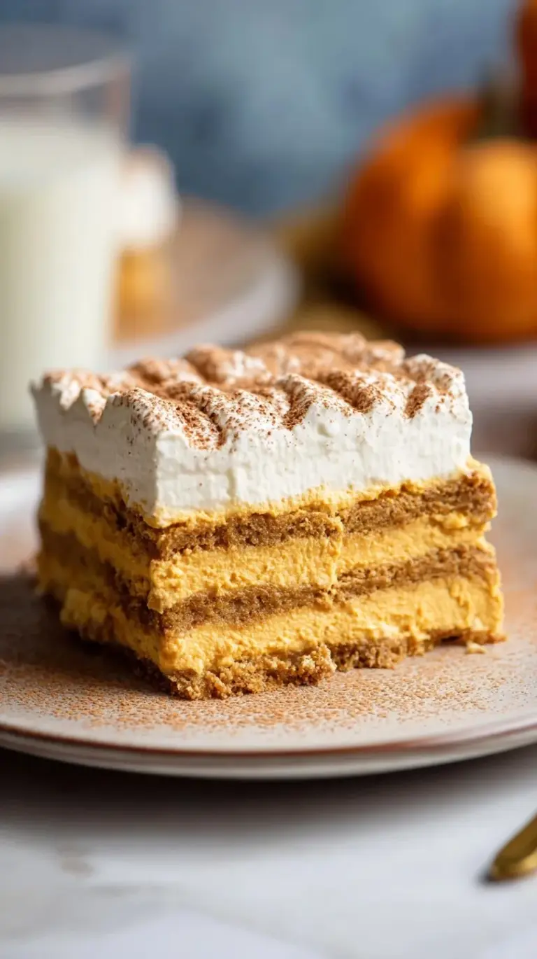 A layered pumpkin icebox cake with graham crackers, whipped cream, caramel drizzle, and pecans in a glass baking dish.