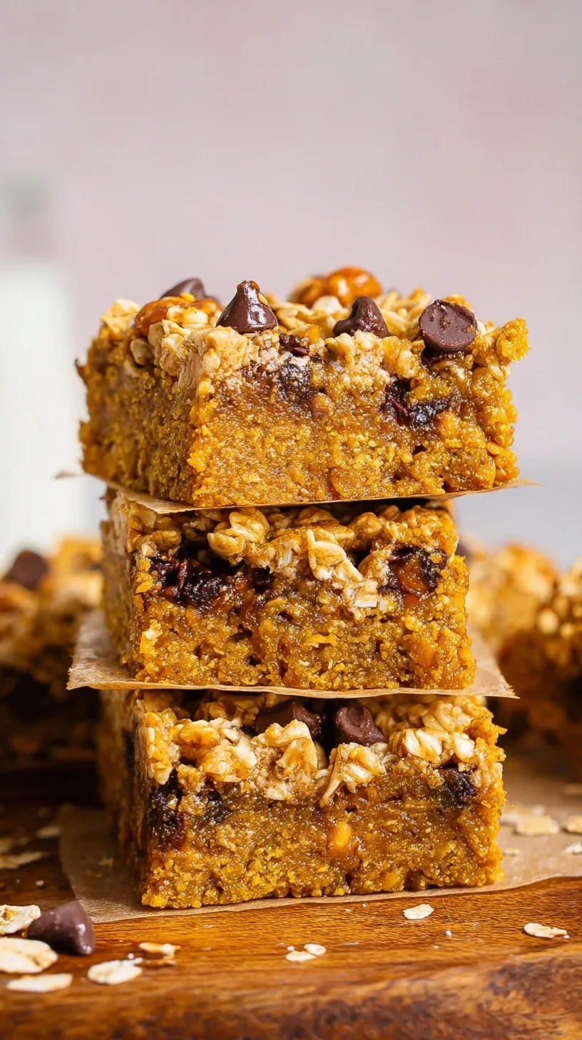 A stack of square pumpkin oatmeal bars with chocolate chips on a wooden board
