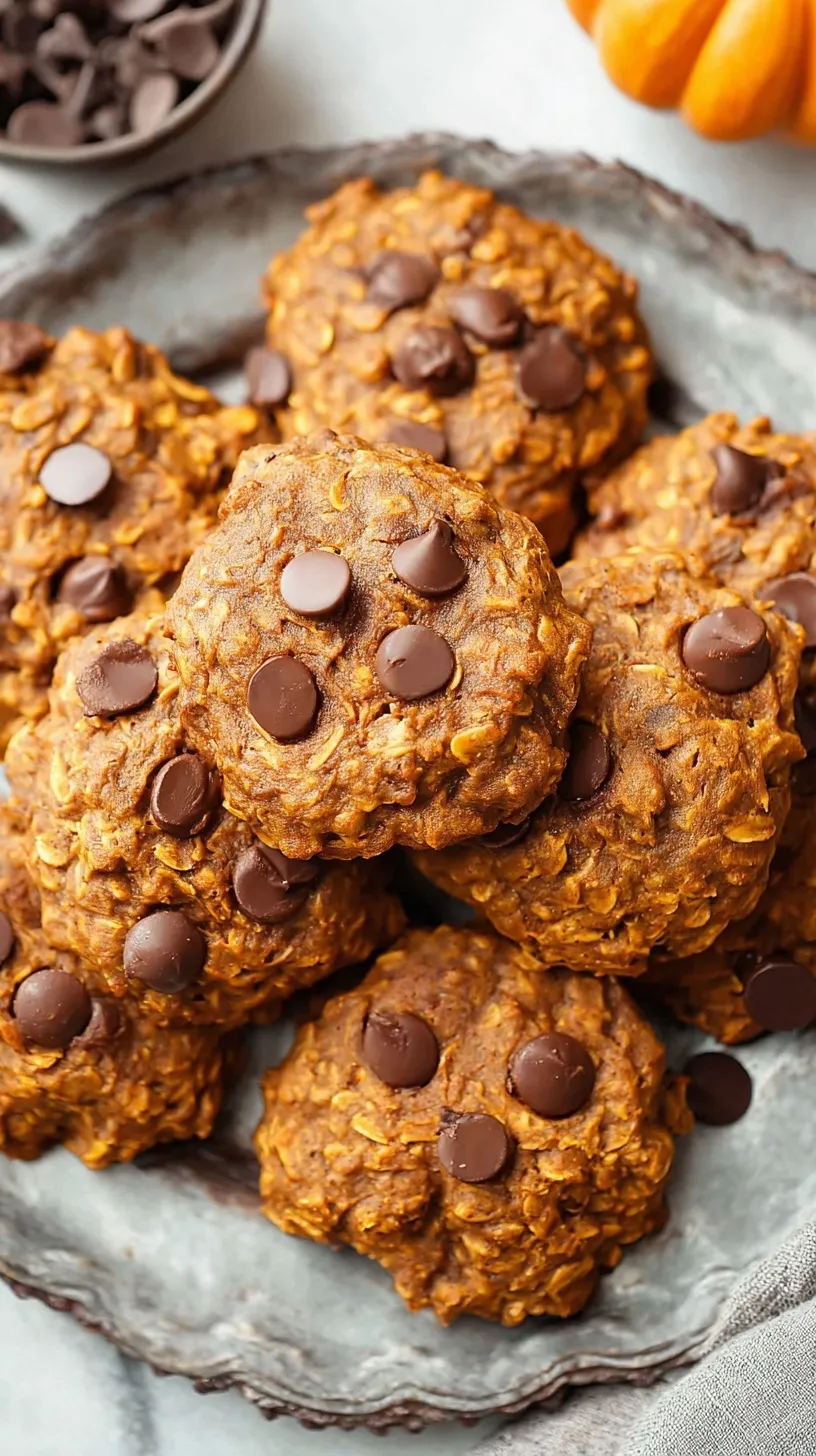 A stack of soft pumpkin oatmeal cookies with melted semi-sweet chocolate chips and golden edges.