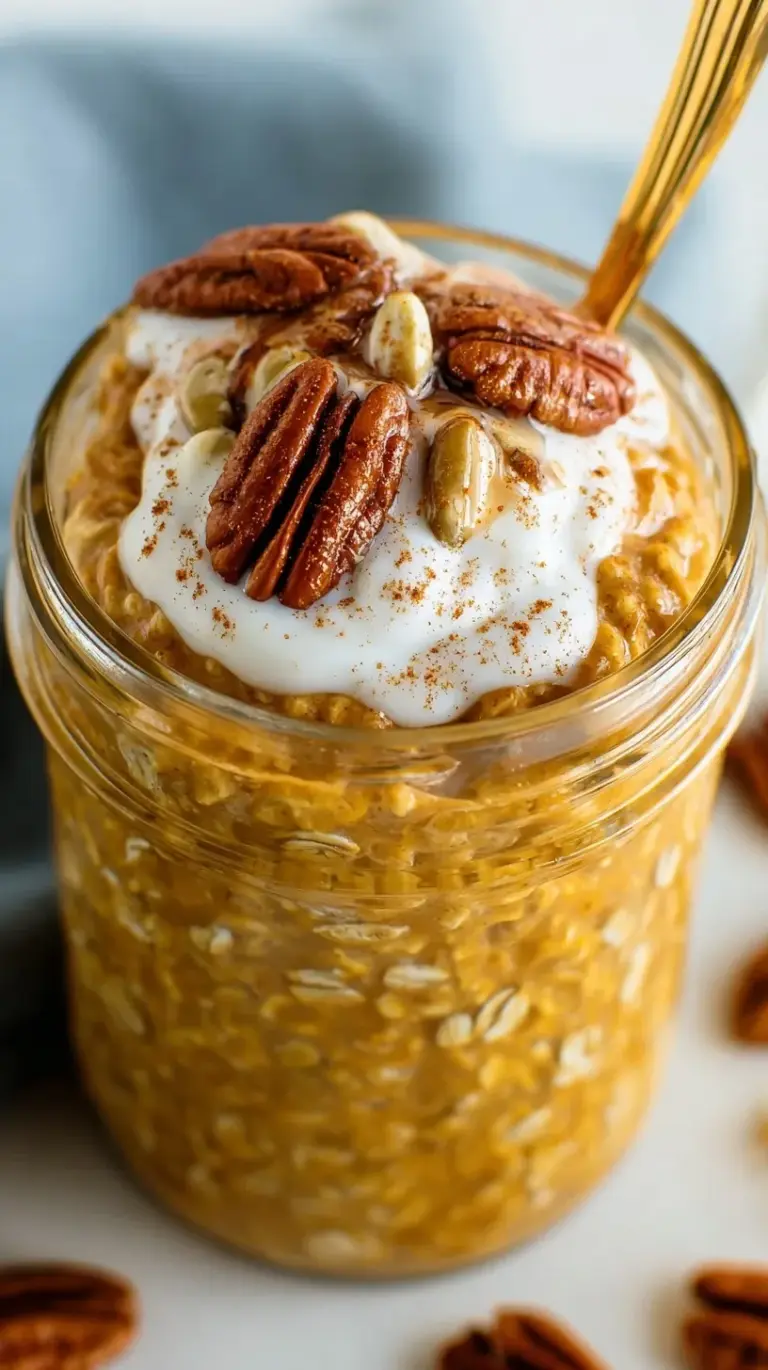 A glass jar filled with creamy pumpkin pie overnight oats topped with pecans and cinnamon.