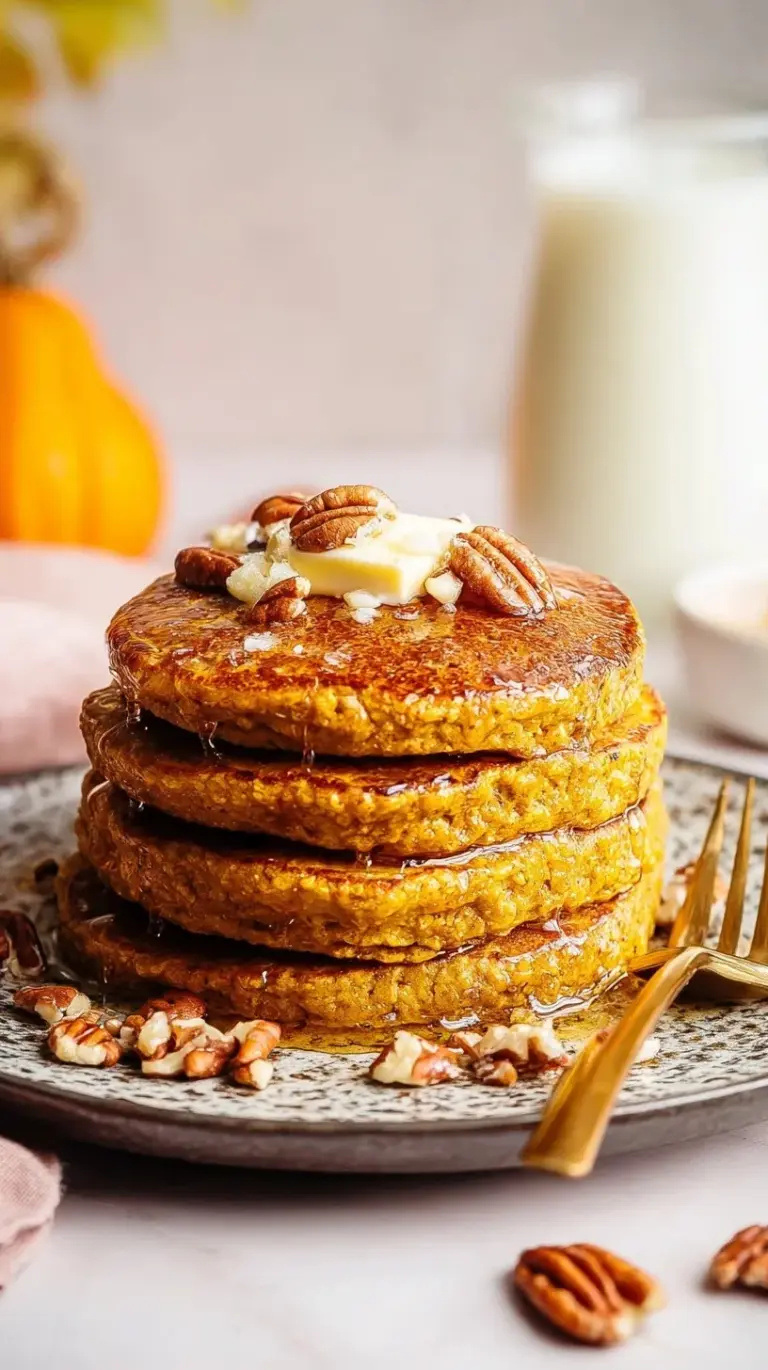 A stack of fluffy pumpkin protein pancakes topped with Greek yogurt and spices