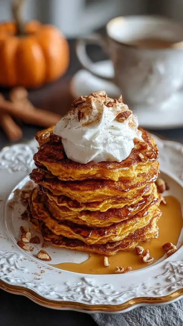 A stack of golden brown pumpkin spice cottage cheese pancakes topped with maple syrup and a dollop of yogurt.