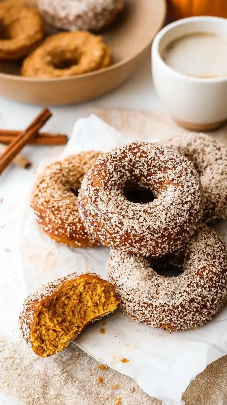 A stack of golden brown pumpkin spice donuts coated in sparkling cinnamon sugar on a wire rack.