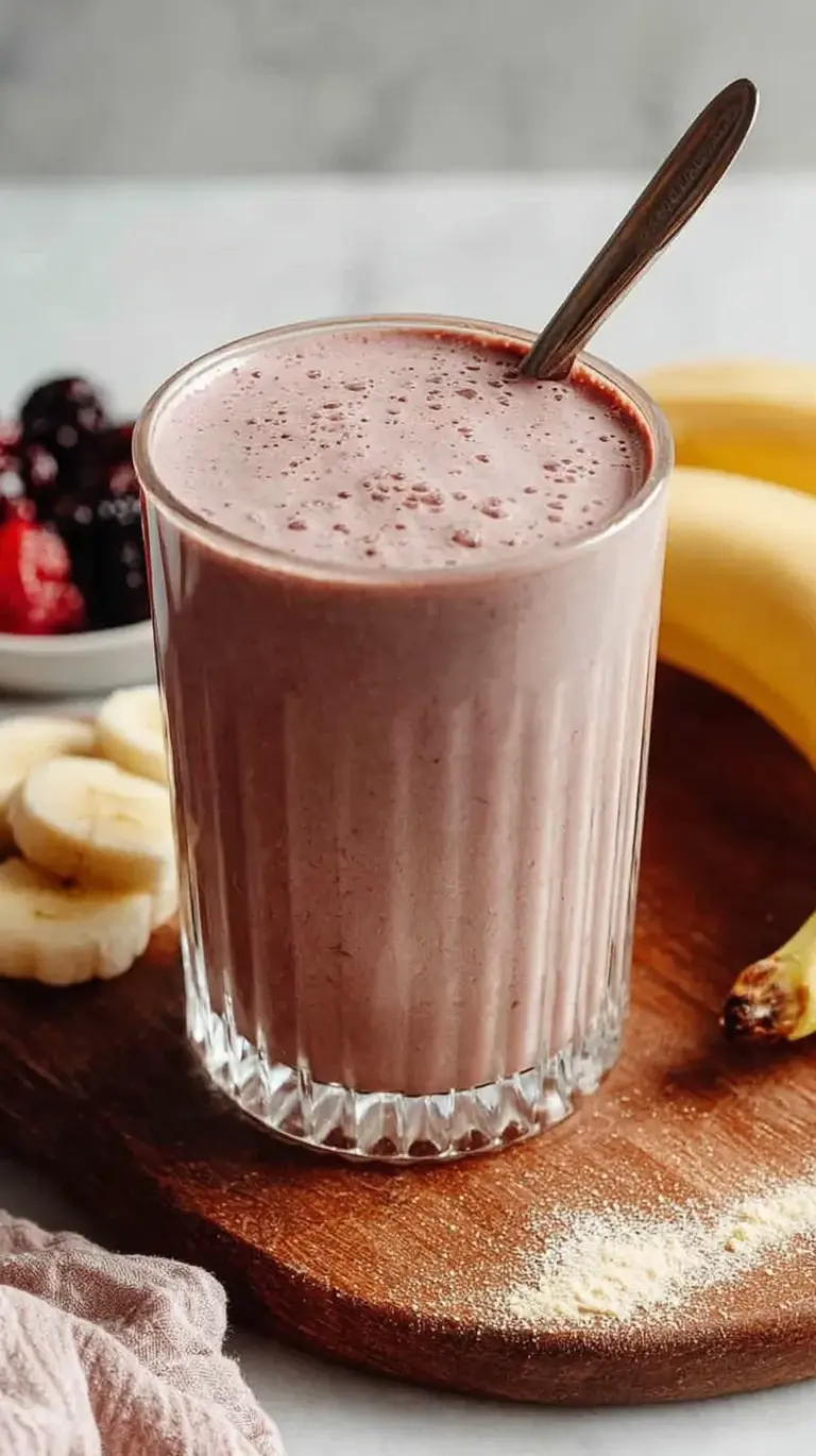 A creamy peanut butter and banana protein smoothie in a tall glass