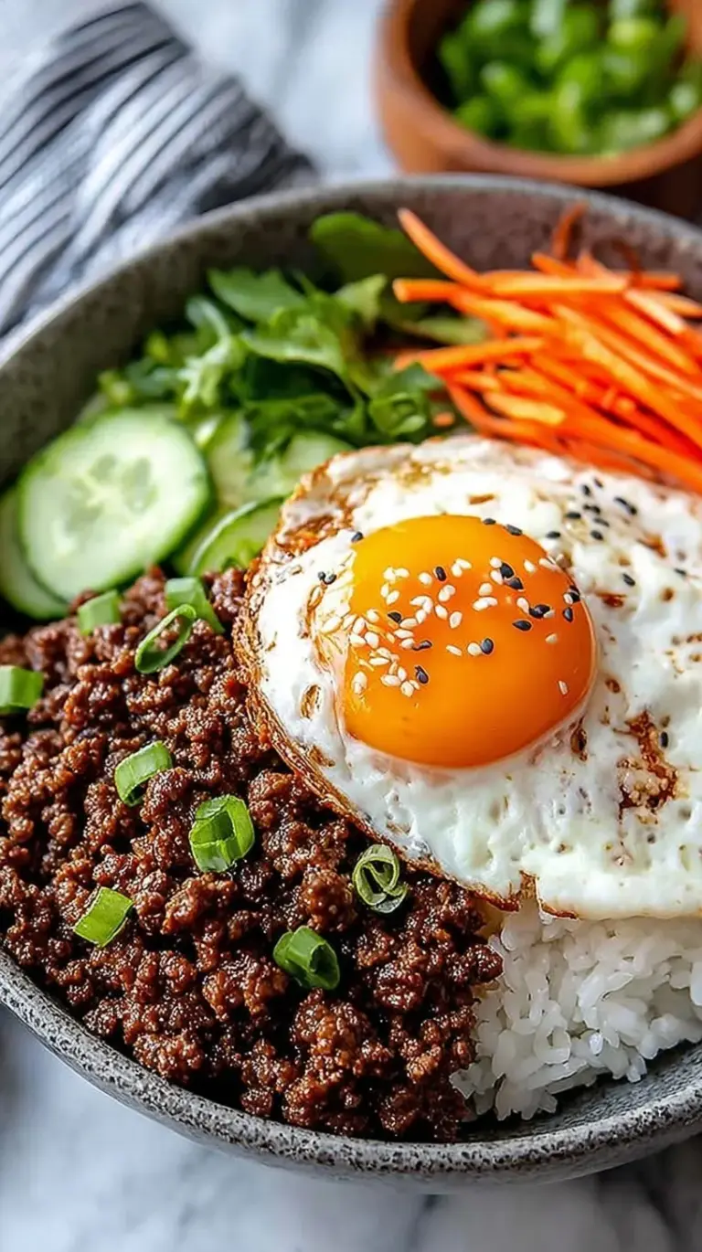 Savory Korean ground beef over white rice with green onions and sesame seeds