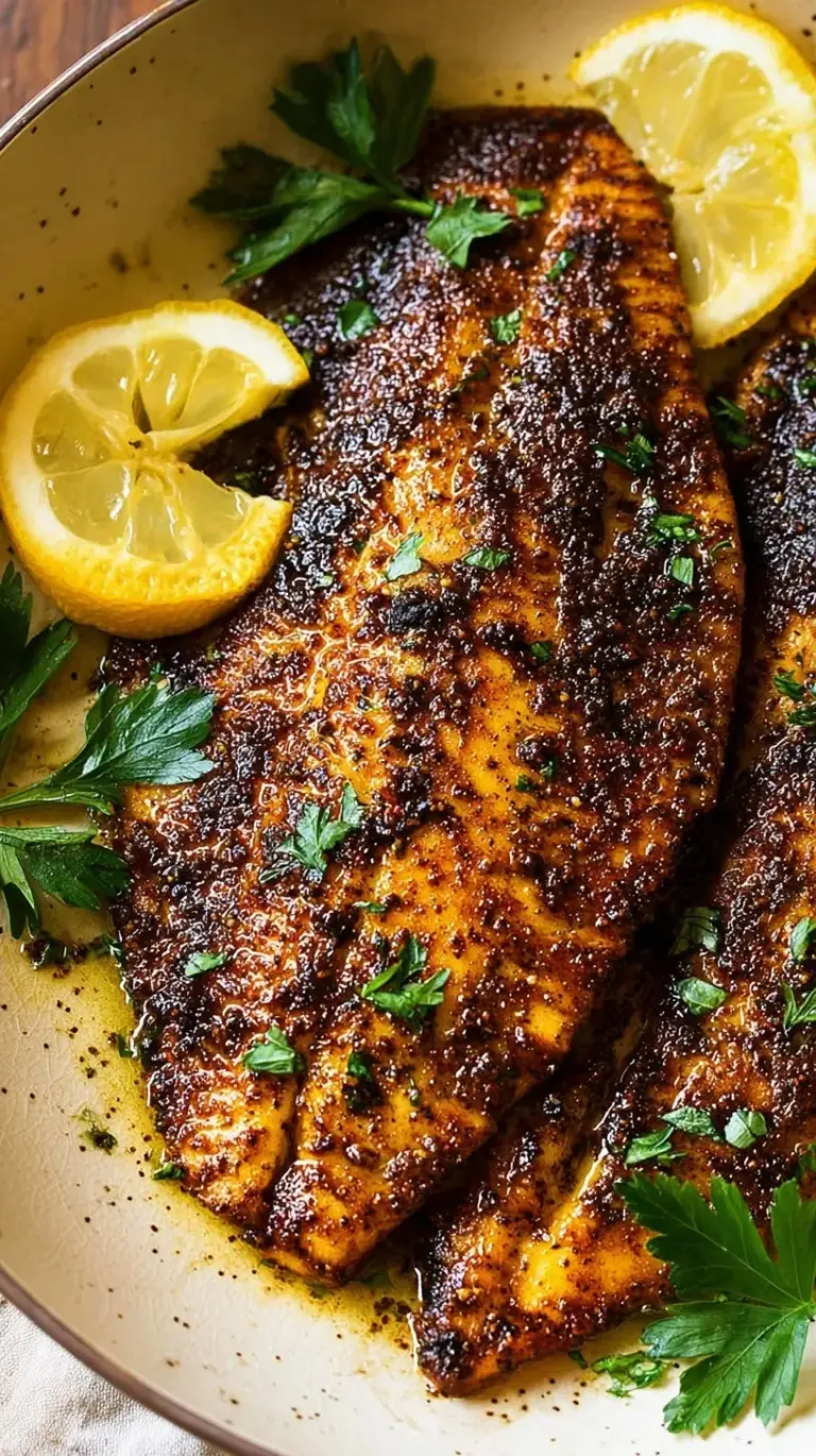 Pan-seared blackened tilapia fillet with a dark spice crust and fresh lemon wedges