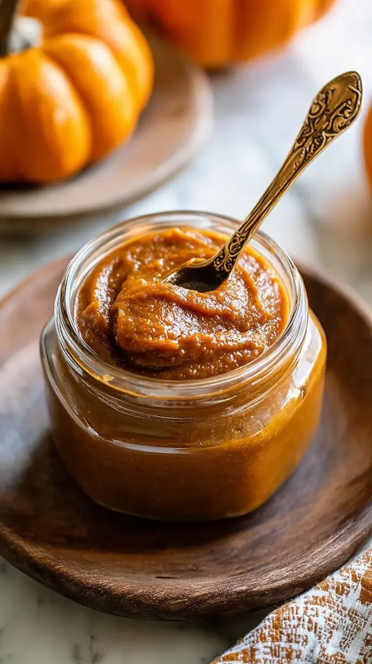 A jar of glossy, spiced pumpkin butter next to a cinnamon stick and fresh pumpkin.
