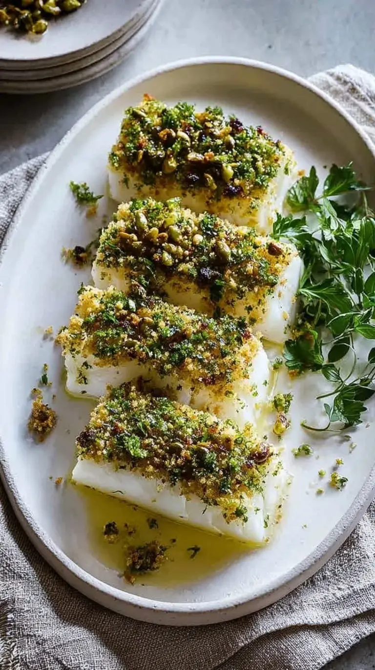 Golden brown baked fish fillets topped with herb breadcrumbs and served with lemon wedges.