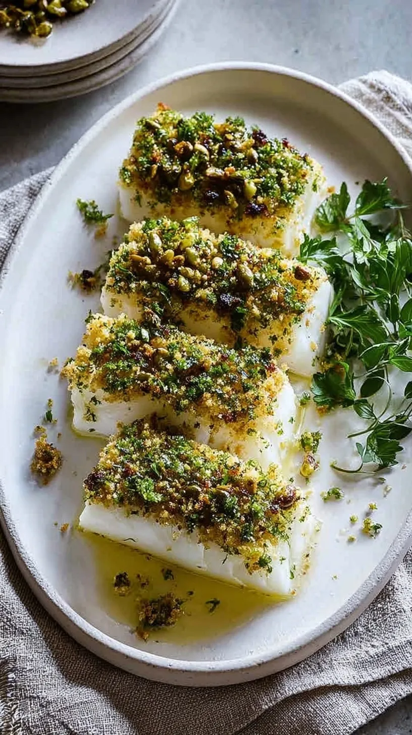 Golden brown baked fish fillets topped with herb breadcrumbs and served with lemon wedges.