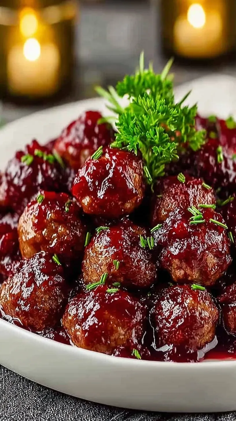 A platter of glossy Christmas Cranberry Meatballs garnished with fresh parsley and orange zest.