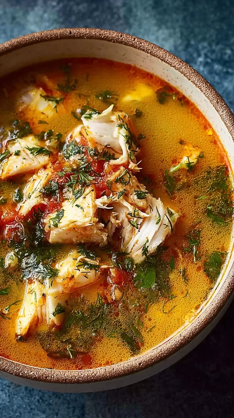 A steaming bowl of Mediterranean fish stew with white fish, red peppers, and fresh parsley.