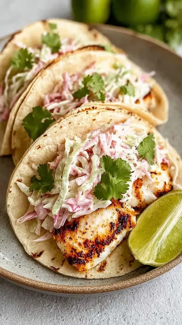 Grilled fish tacos topped with fresh cabbage slaw and cilantro on corn tortillas