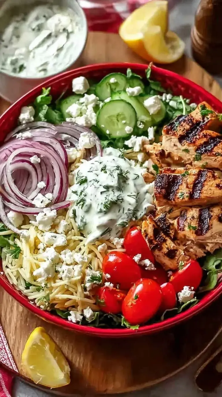 Healthy Greek chicken bowls with grilled chicken, quinoa, fresh cucumber salad, and creamy tzatziki sauce in a white bowl.