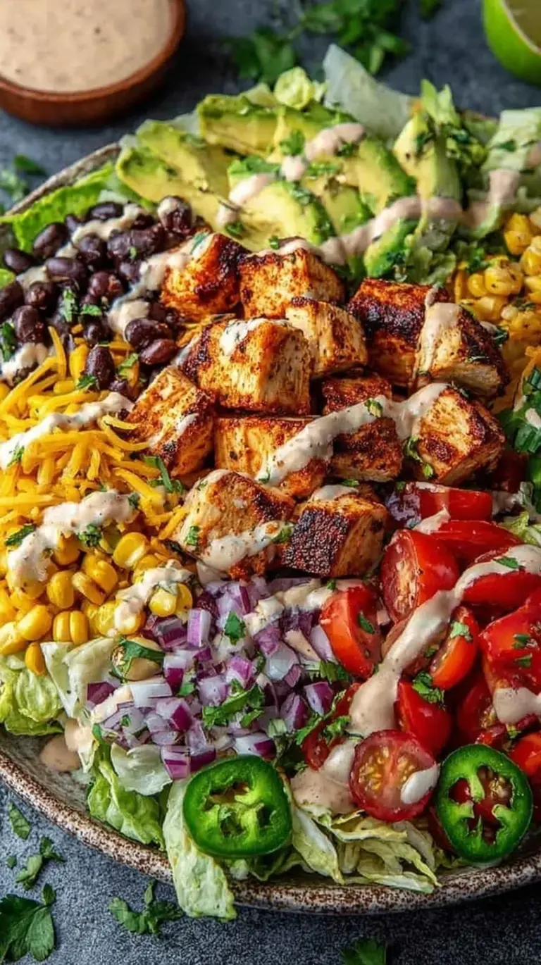 A vibrant Spicy Southwest Salad in a bowl with avocado slices, black beans, corn, and creamy dressing
