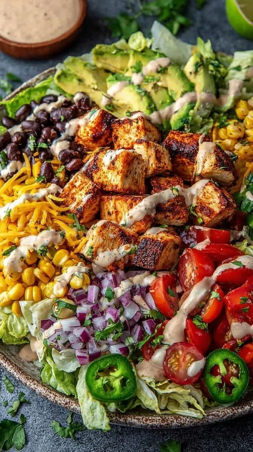 A vibrant Spicy Southwest Salad in a bowl with avocado slices, black beans, corn, and creamy dressing
