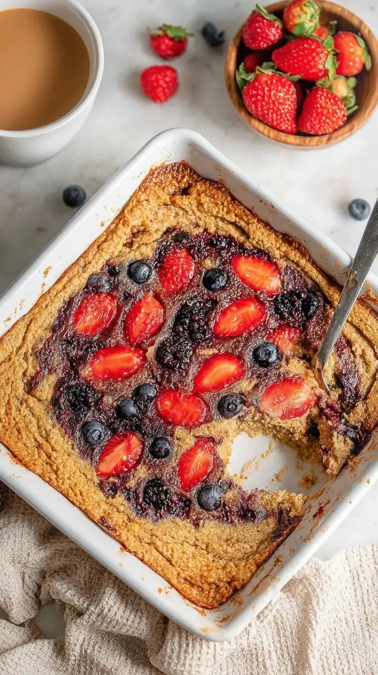 A golden brown quinoa breakfast bake topped with blueberries and walnuts in a square baking dish.