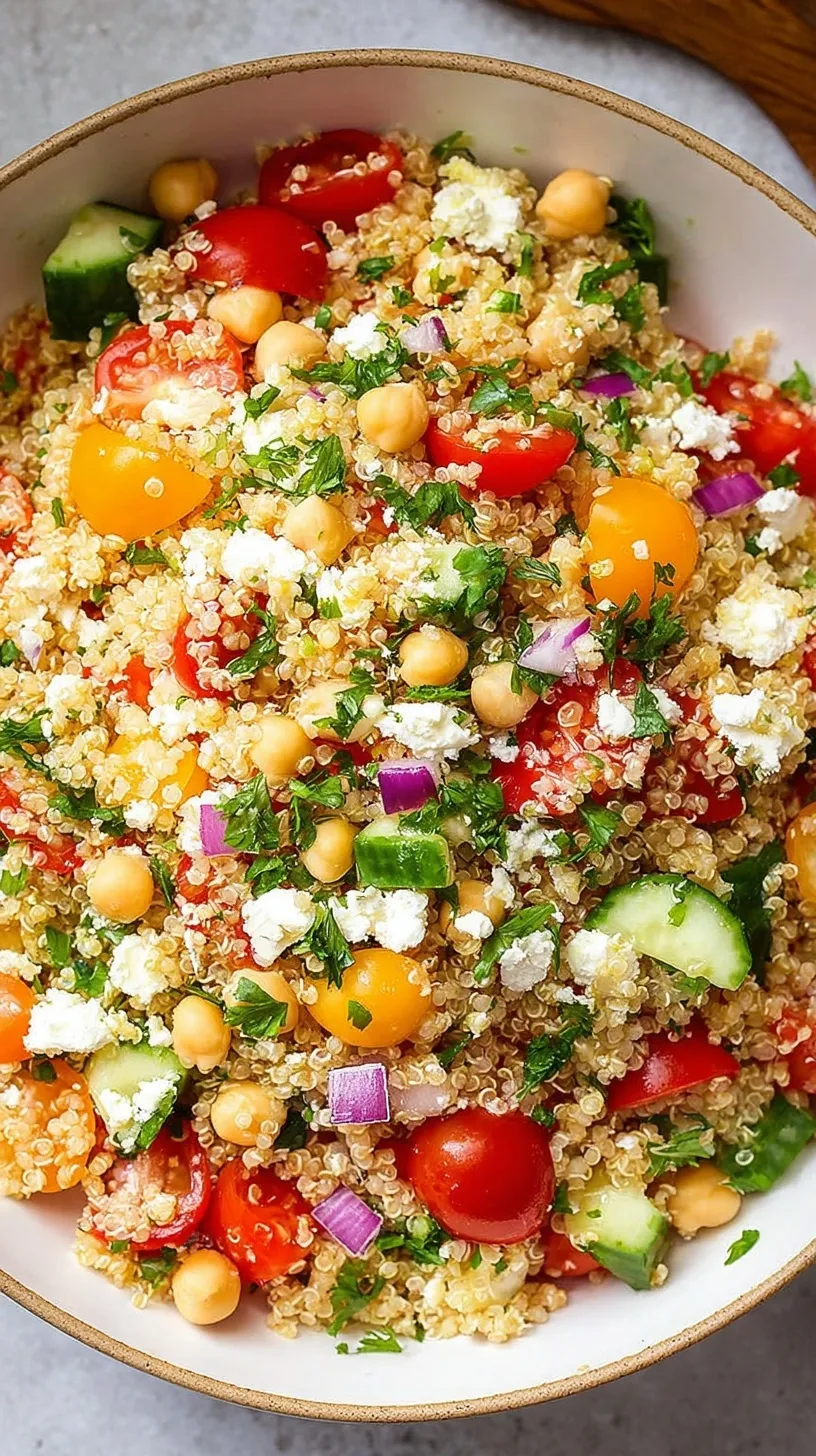 A vibrant bowl of Quinoa Chickpea Salad with fresh cucumbers, cherry tomatoes, and red onion in a lemon vinaigrette.