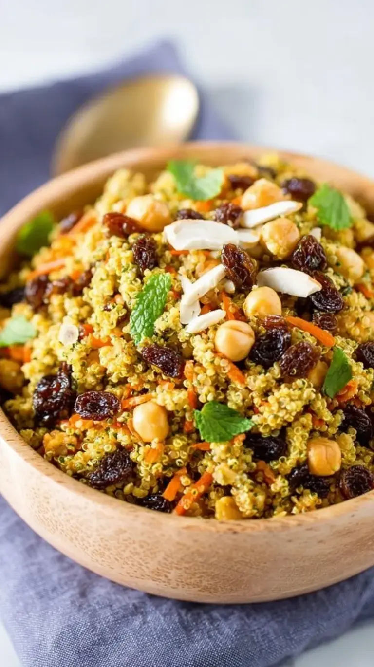 A vibrant bowl of quinoa salad with golden raisins, diced cucumbers, and fresh parsley.