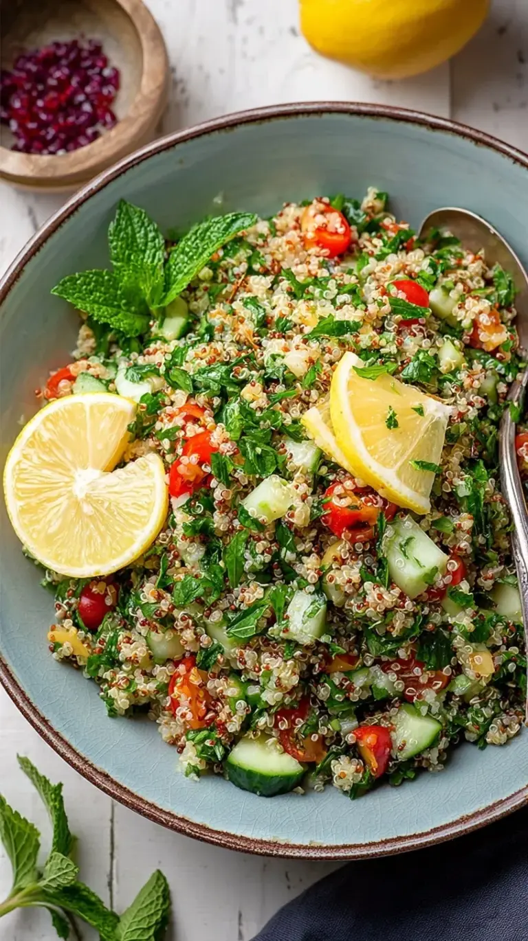 A vibrant bowl of Quinoa Tabbouleh with fresh parsley, mint, tomatoes, and cucumber
