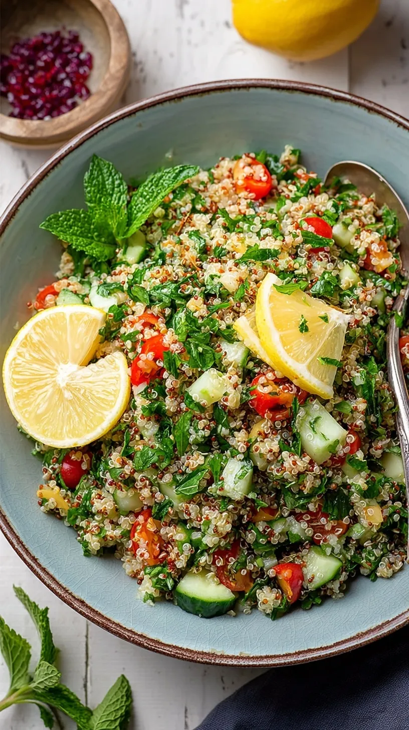 A vibrant bowl of Quinoa Tabbouleh with fresh parsley, mint, tomatoes, and cucumber