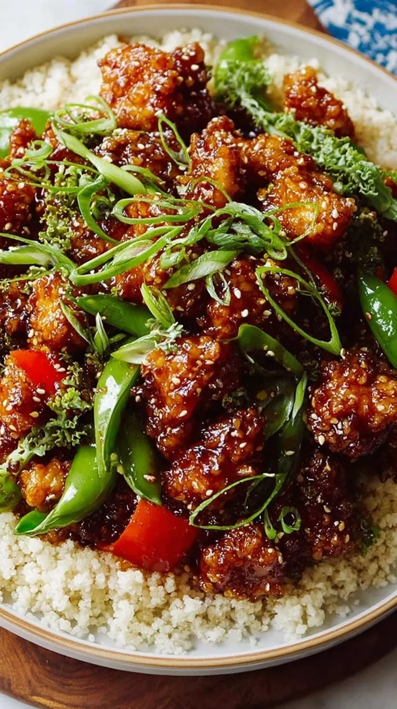 Crispy General Tso's Chicken pieces in a glossy spicy sauce with dried red chilies and green onions