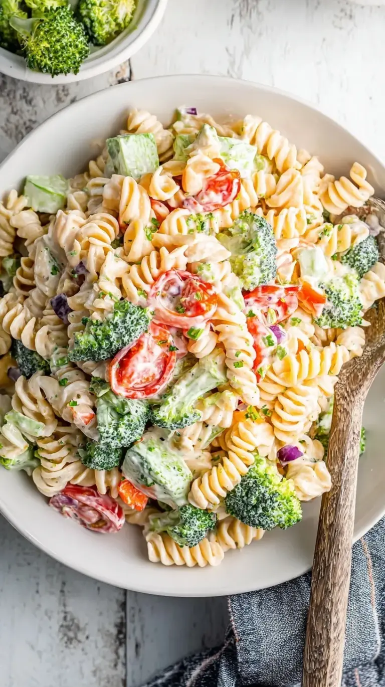A large bowl of creamy ranch pasta salad with rotini, bacon, peas, and cheddar cheese.