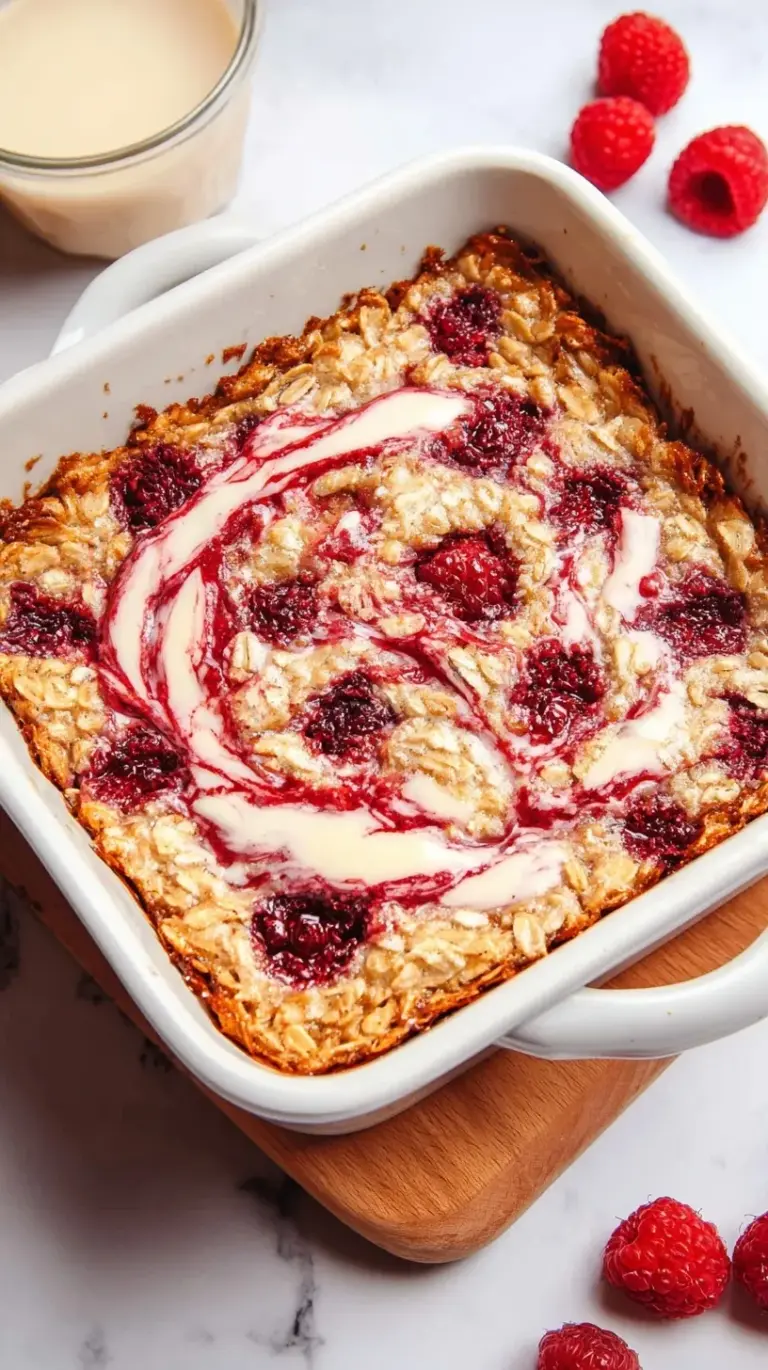A golden brown raspberry cottage cheese baked oatmeal in a square dish topped with fresh raspberries.