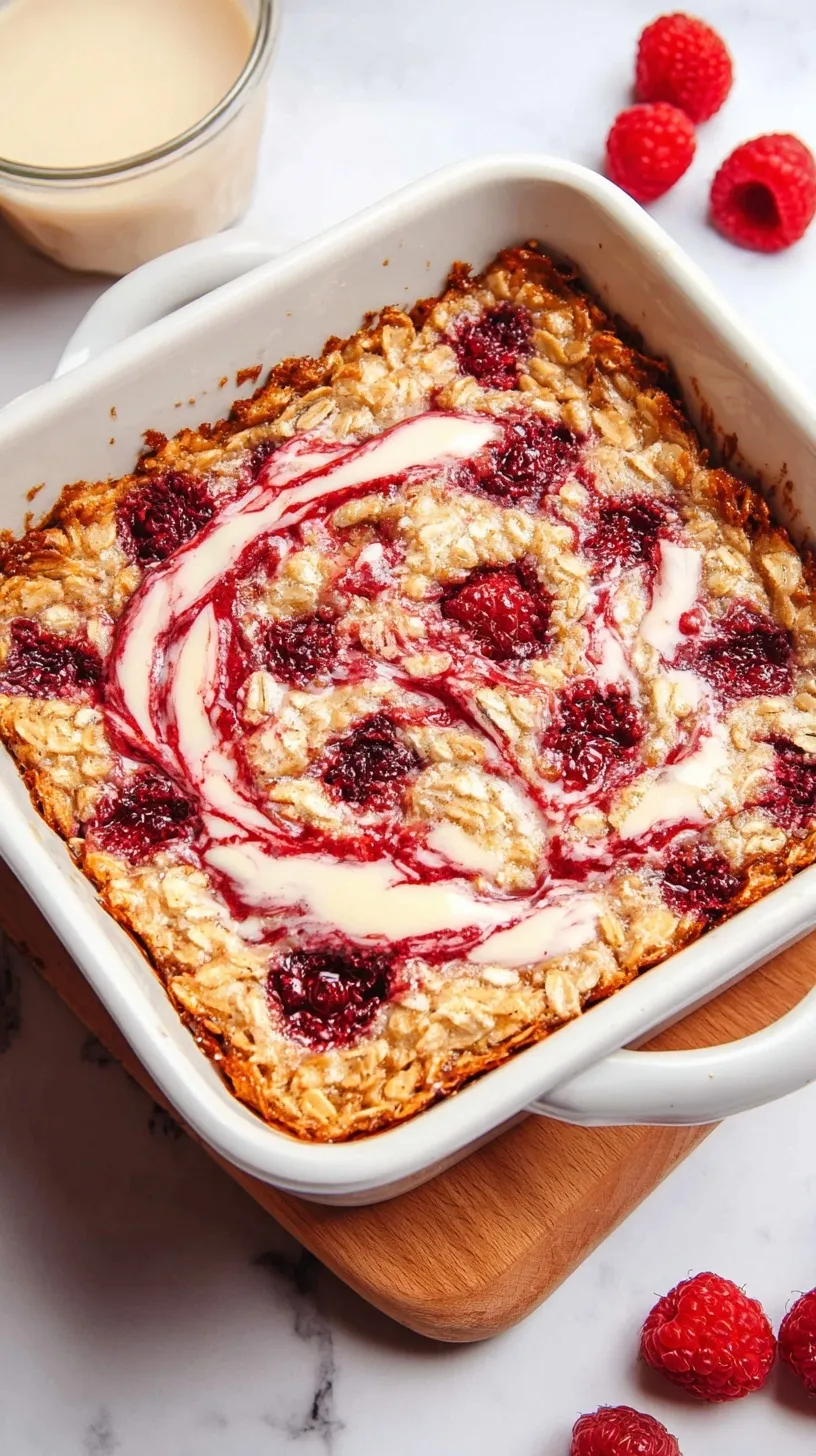 A golden brown raspberry cottage cheese baked oatmeal in a square dish topped with fresh raspberries.