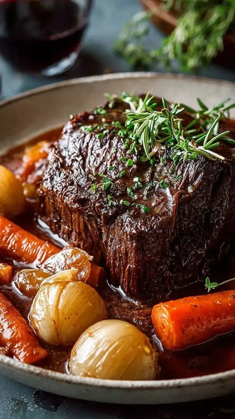 A Dutch oven filled with tender beef chuck roast, carrots, and celery in a rich red wine sauce.