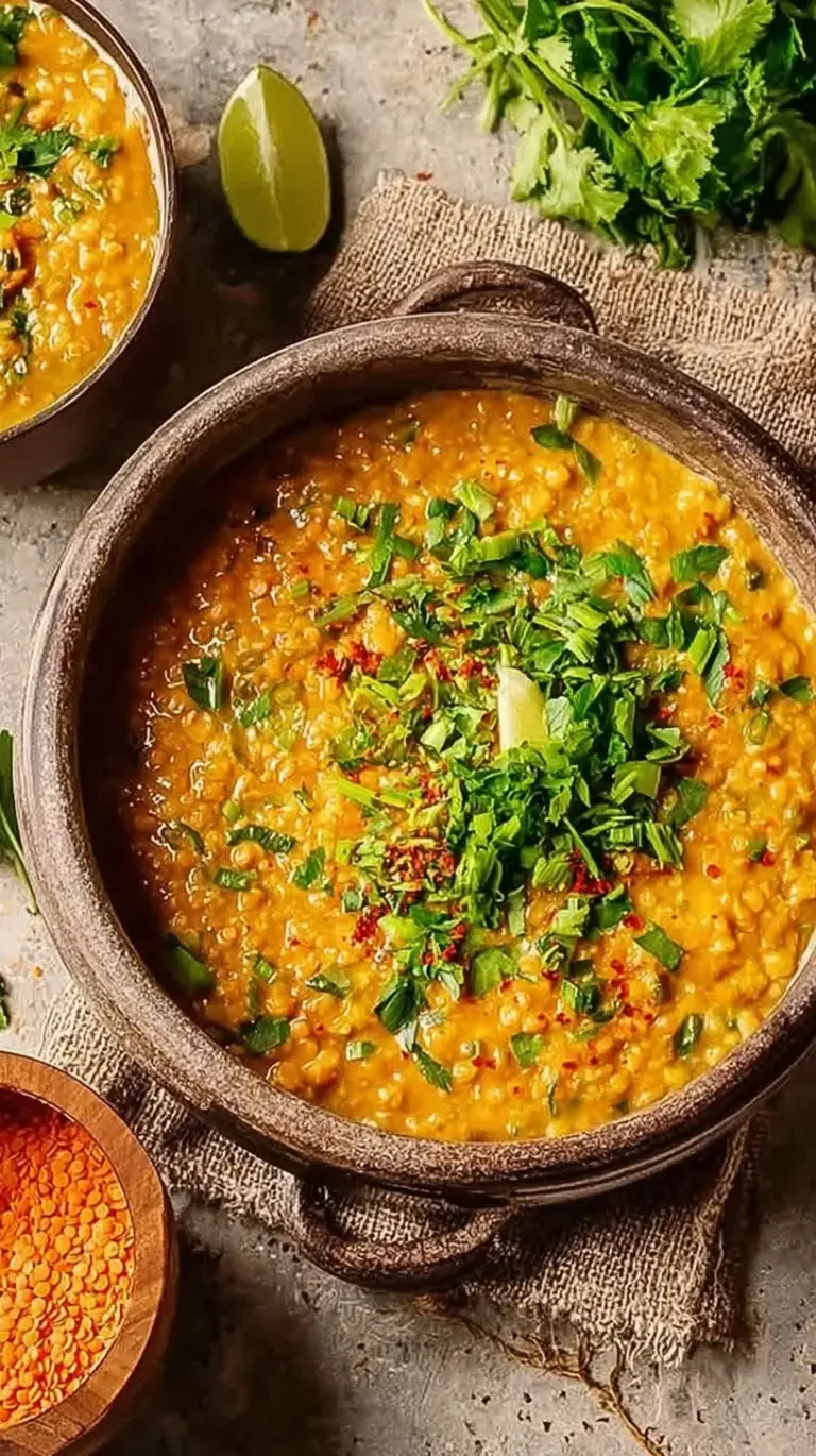 A bowl of dark, caramelized Rendang Red Lentils served with jasmine rice and lime