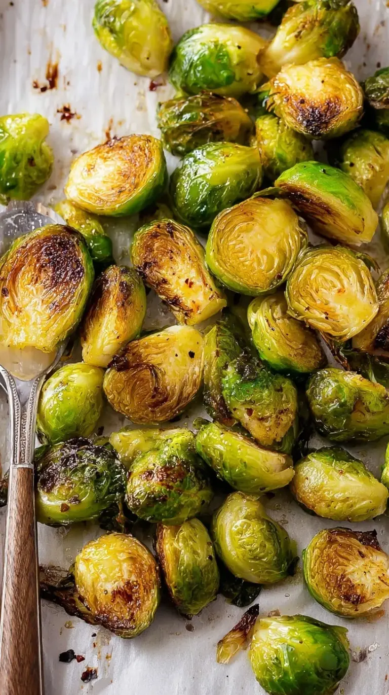 A baking sheet filled with crispy, charred roasted Brussels sprouts halved and seasoned with salt and pepper.