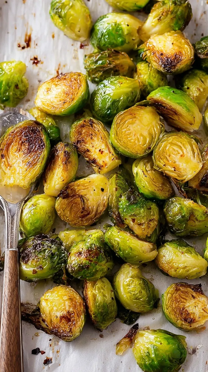 A baking sheet filled with crispy, charred roasted Brussels sprouts halved and seasoned with salt and pepper.