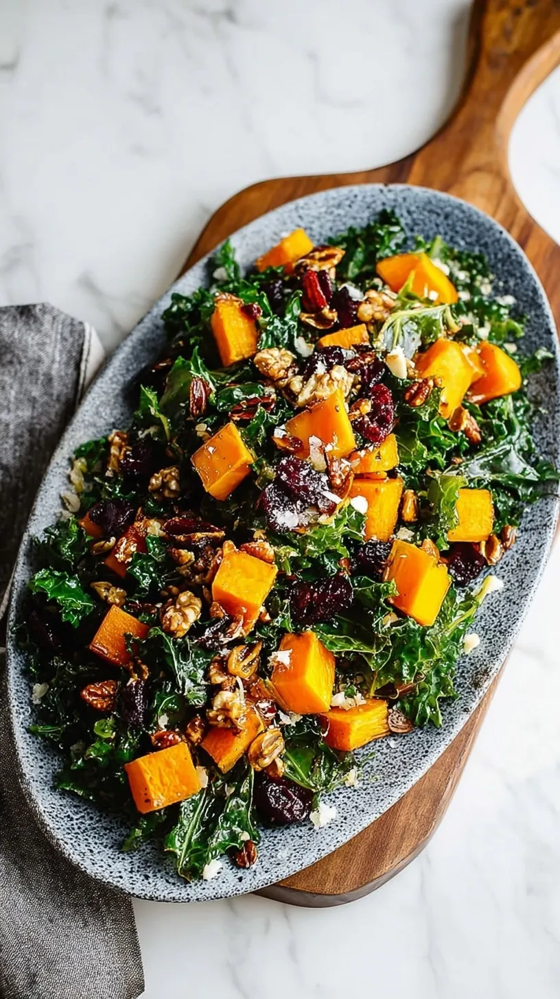 A vibrant Roasted Butternut Squash Salad with kale, pecans, and goat cheese in a large bowl.