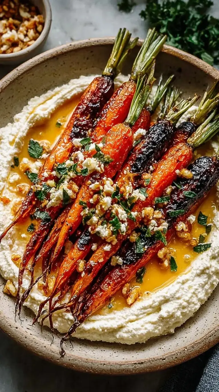 Vibrant roasted carrots layered over creamy whipped ricotta cheese with a drizzle of hot honey and crushed pistachios.