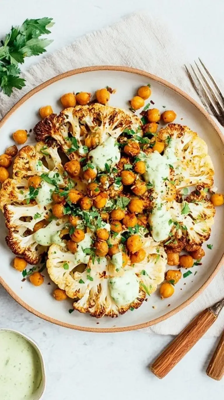 Roasted cauliflower steaks on a tray with chickpeas and green sauce