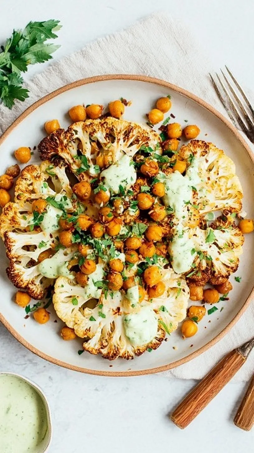 Roasted cauliflower steaks on a tray with chickpeas and green sauce