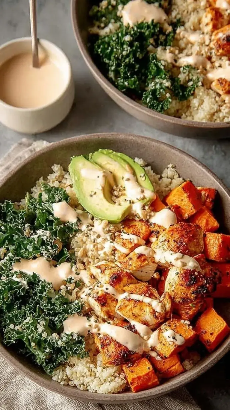 A vibrant meal prep bowl with roasted chicken cubes, golden sweet potatoes, and dark green massaged kale over brown rice.