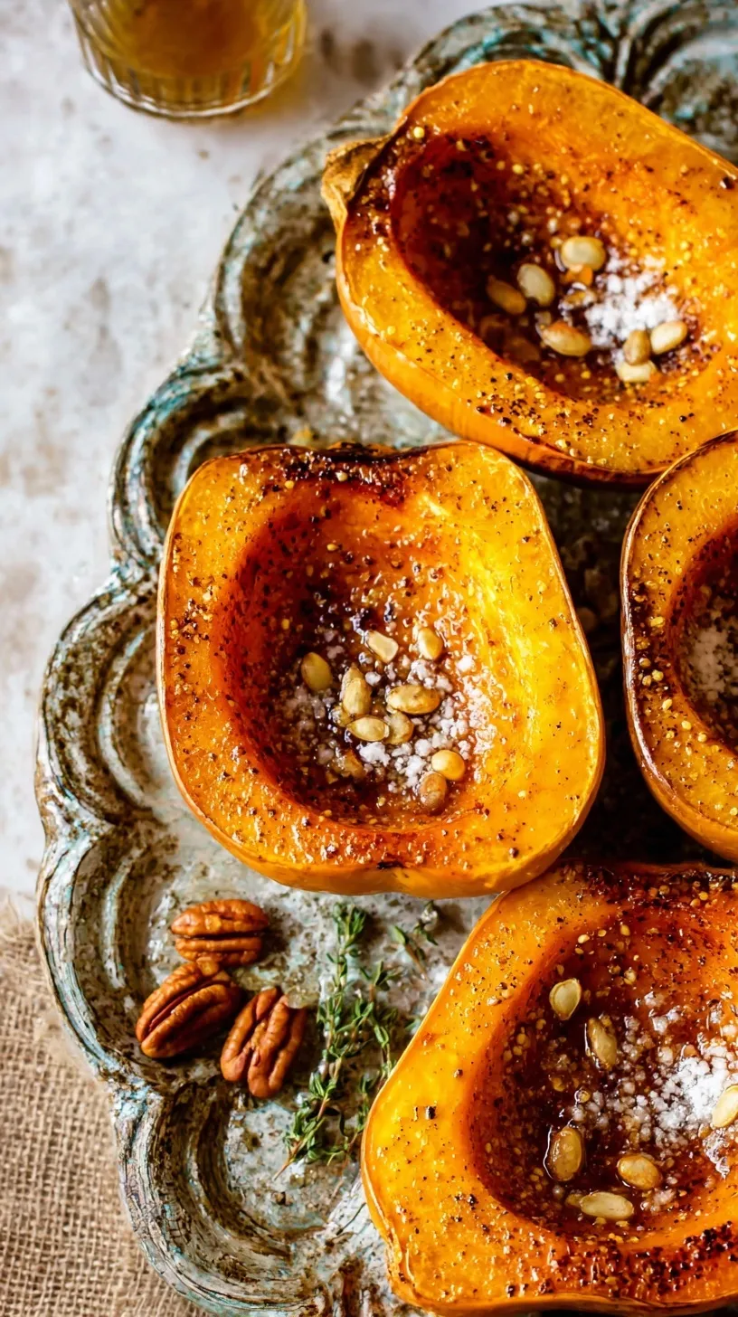 Halved roasted honeynut squash on a baking sheet with caramelized edges