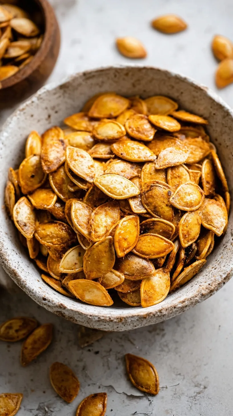 Golden brown roasted pumpkin seeds on a baking sheet with salt and garlic