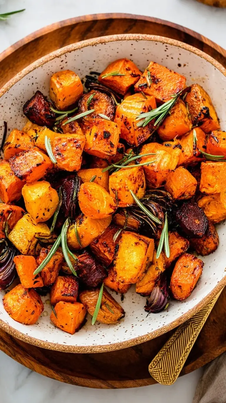A tray of colorful roasted root vegetables including carrots, sweet potatoes, and parsnips with fresh herbs