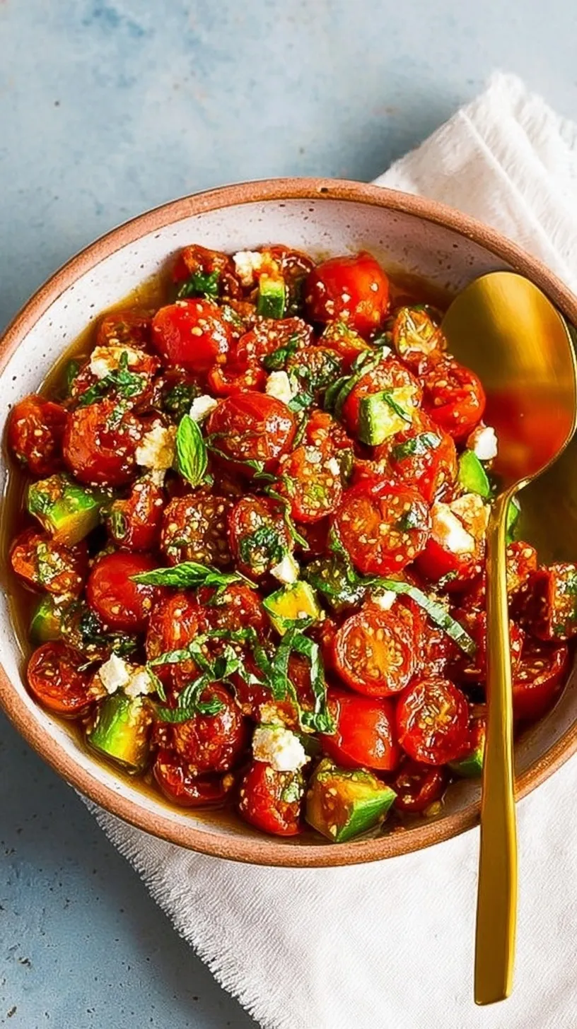 A bowl of Roasted Tomato Salad with blistered cherry tomatoes, green arugula, and crumbled feta cheese.