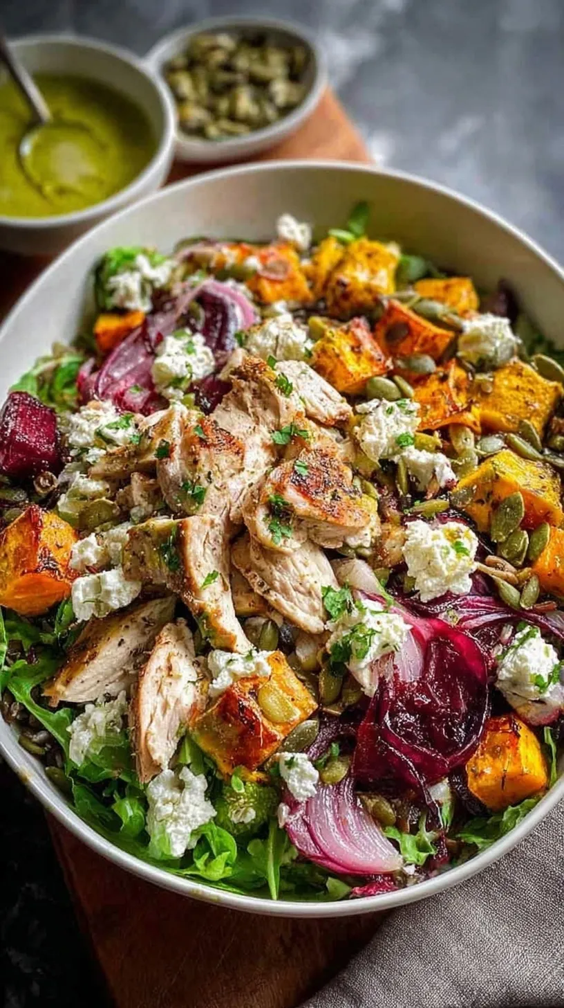 A vibrant Chicken Glow Bowl with roasted sweet potatoes, broccoli, and chickpeas over quinoa topped with tahini dressing.