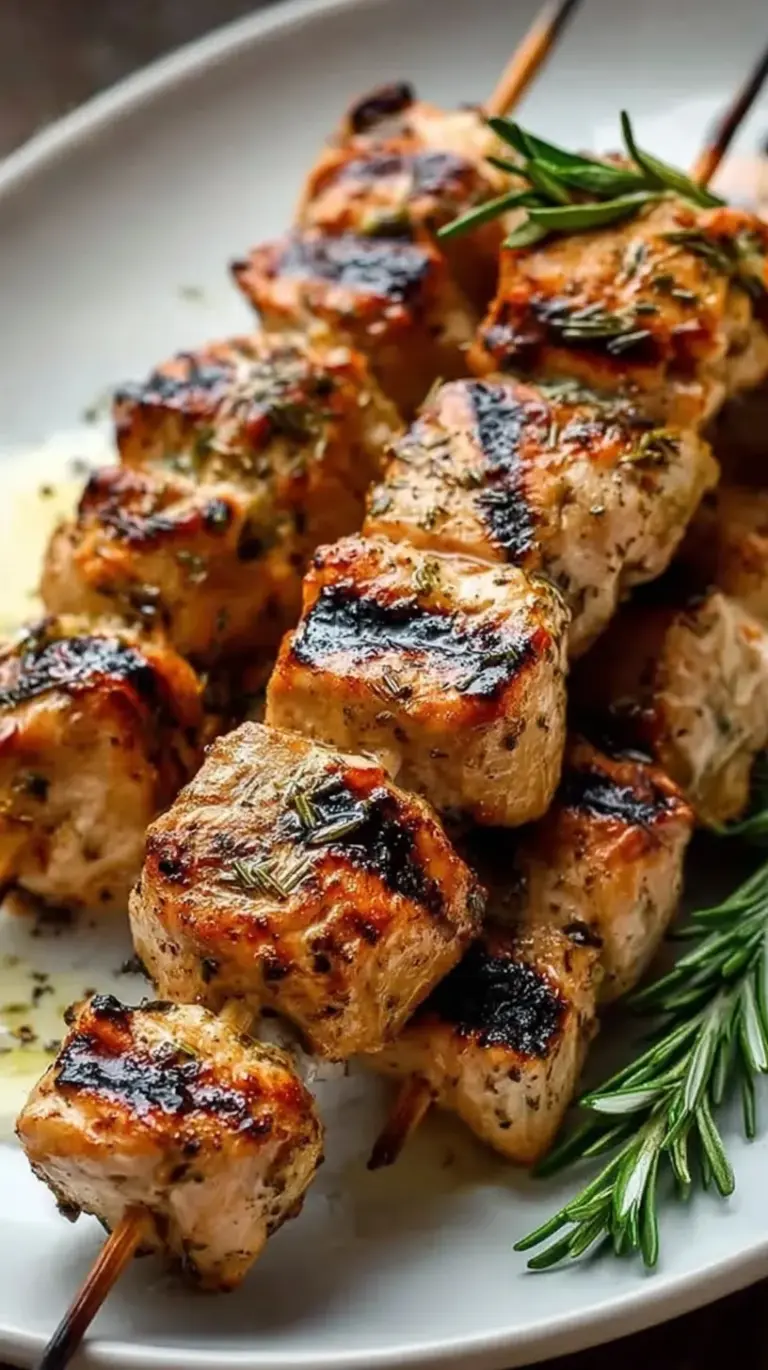 Grilled Rosemary Ranch Chicken Kabobs on a platter with charred lemons