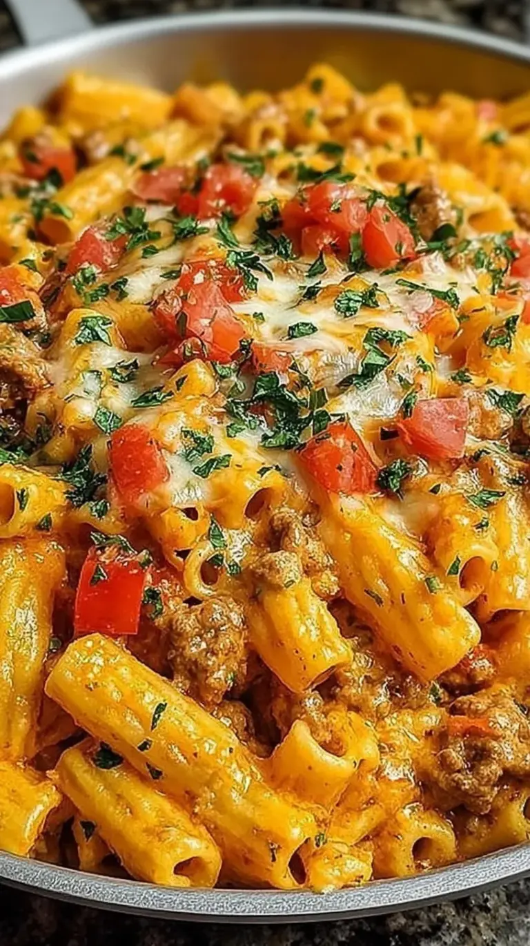 A close-up shot of creamy Rotel Pasta Fiesta with rotini, ground beef, and melted cheddar cheese in a large skillet.