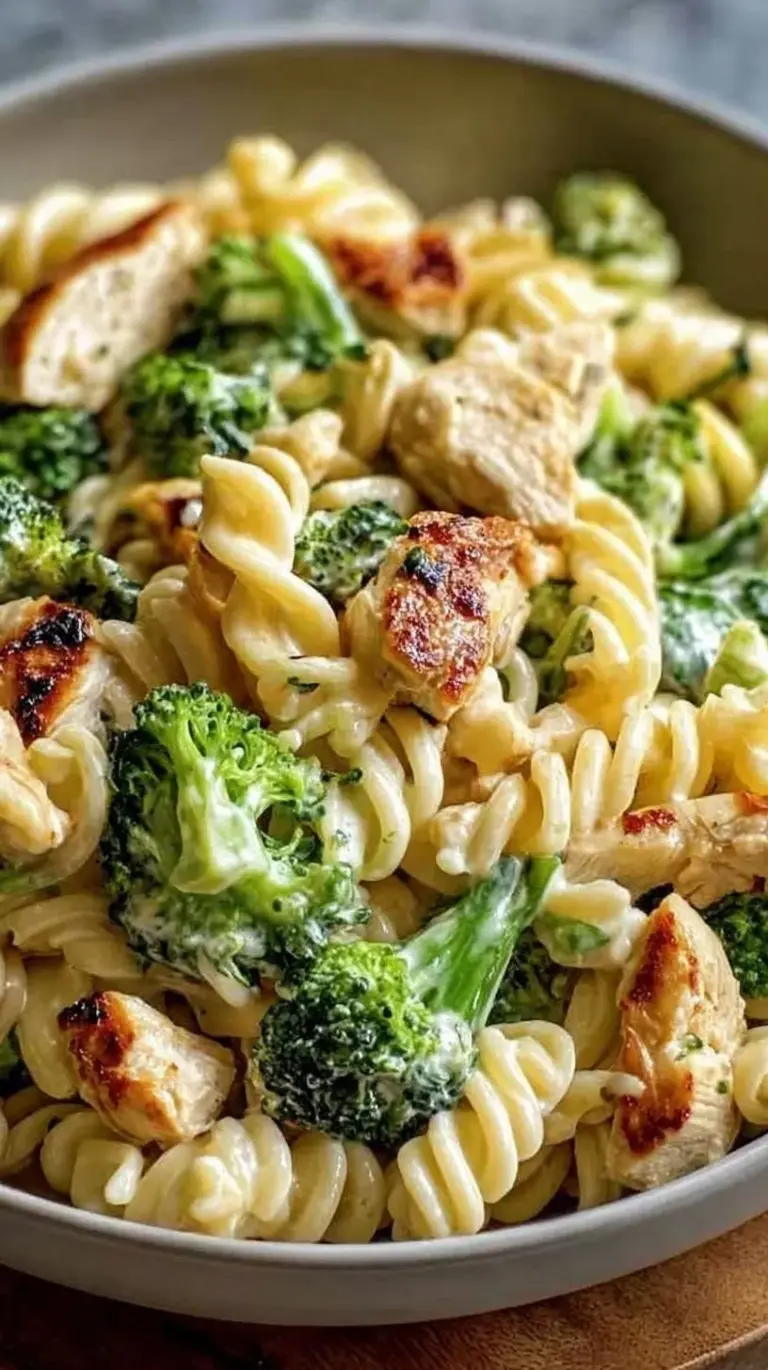 A close up shot of Rotisserie Chicken Broccoli Pasta with melted parmesan and garlic