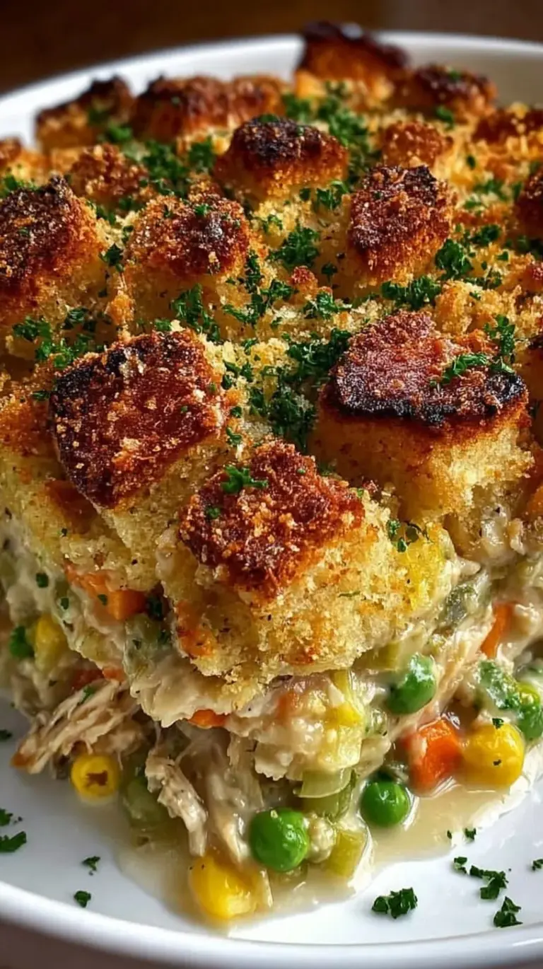 A golden brown rotisserie chicken stuffing casserole in a white baking dish