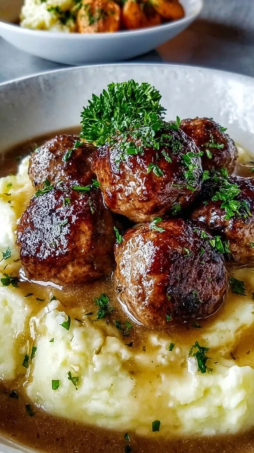 Juicy Salisbury steak meatballs smothered in mushroom gravy over creamy mashed potatoes